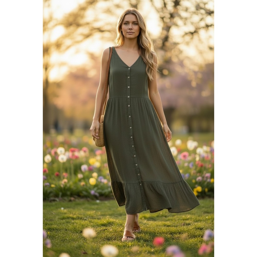 Nanette Nanette Lepore Olive Grn Lagenlook Ruffle Hem Button Down Maxi Dress 14